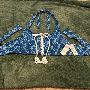 NWT Swim Systems Halter Bikini Top Blue White Nautical Pattern 34D